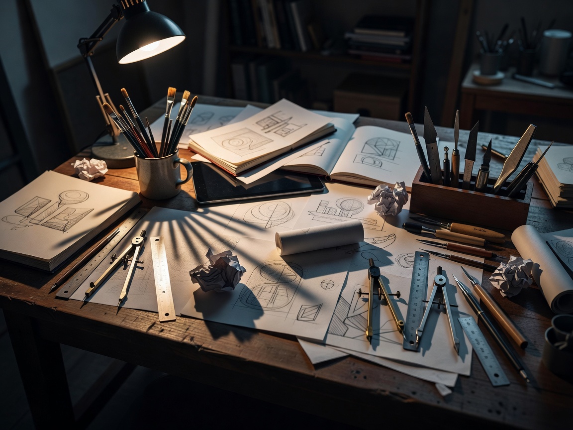 Creative workspace with tools and sketches arranged on a shadowed desk