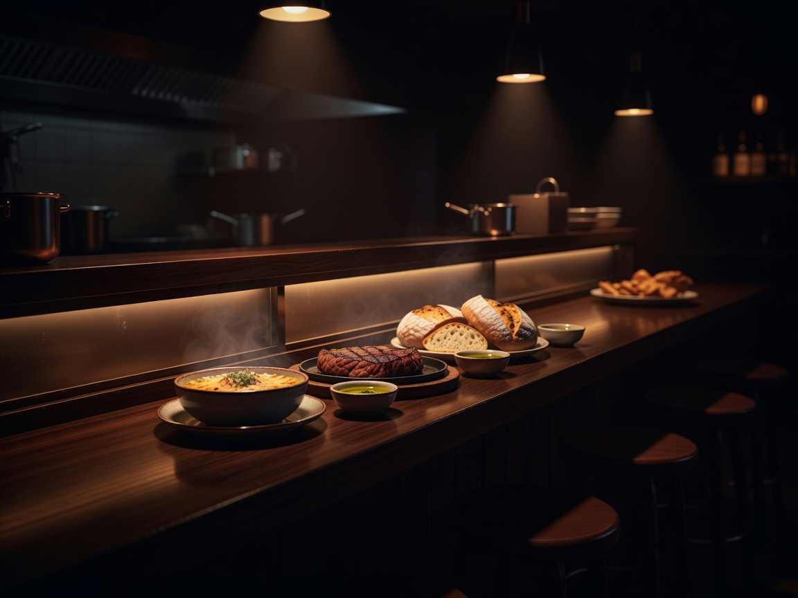Restaurant counter in dramatic low light, suggesting a welcoming food business