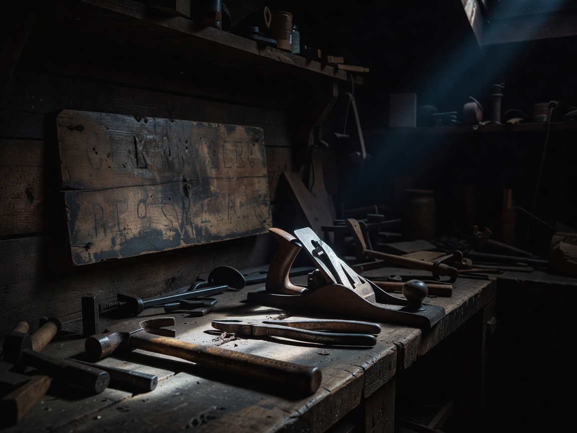 Workshop workbench and sign detail in a moody service-business setting