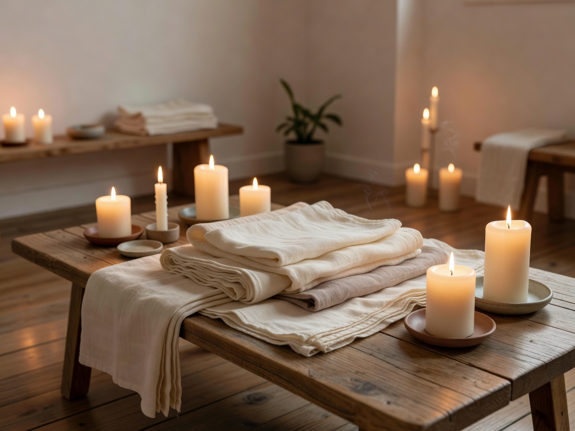 A calm wellbeing studio corner with folded linen and low warm light